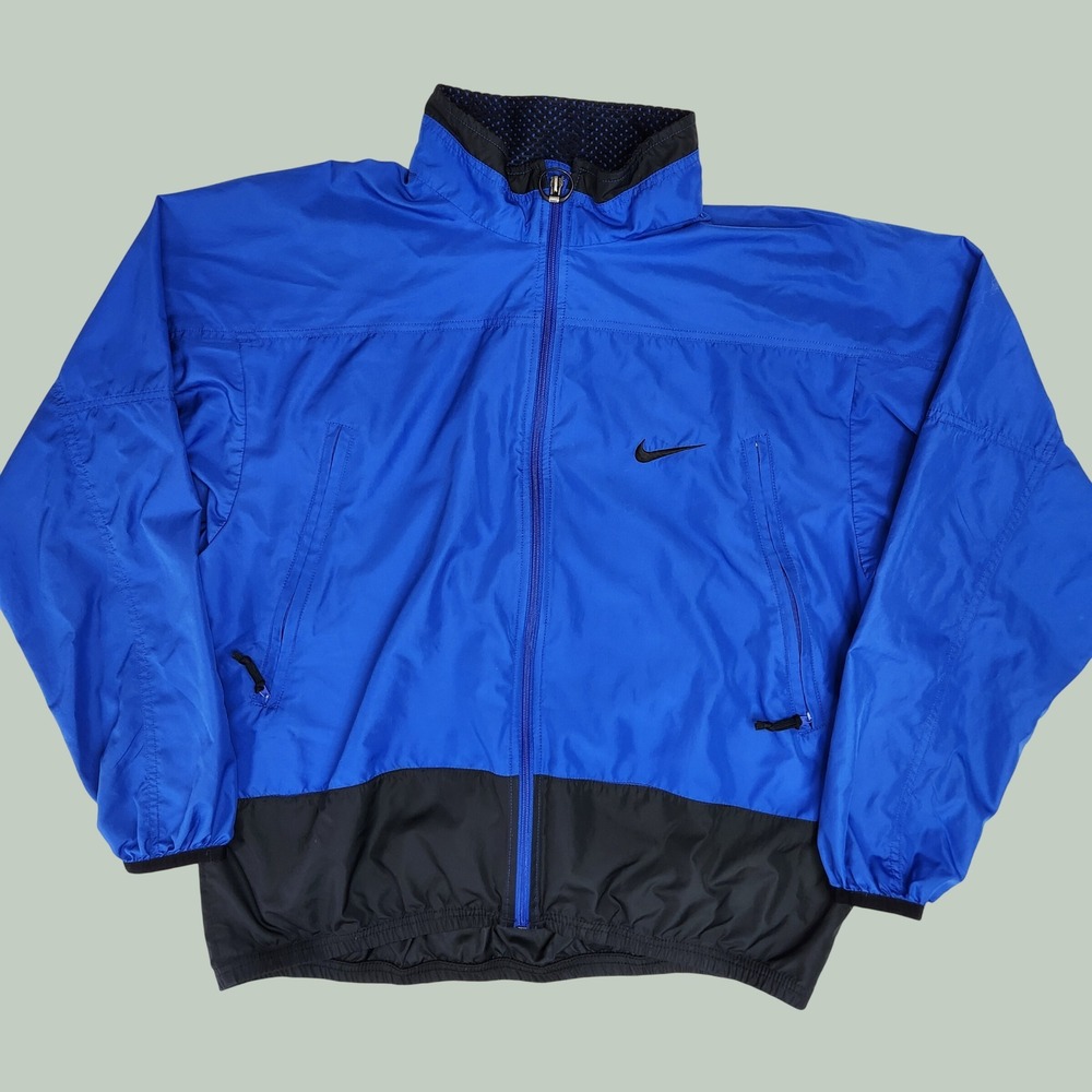 Vintage Nike 90s Windbreaker Jacket Blue Black Full Zip Embroidered Swoosh Large